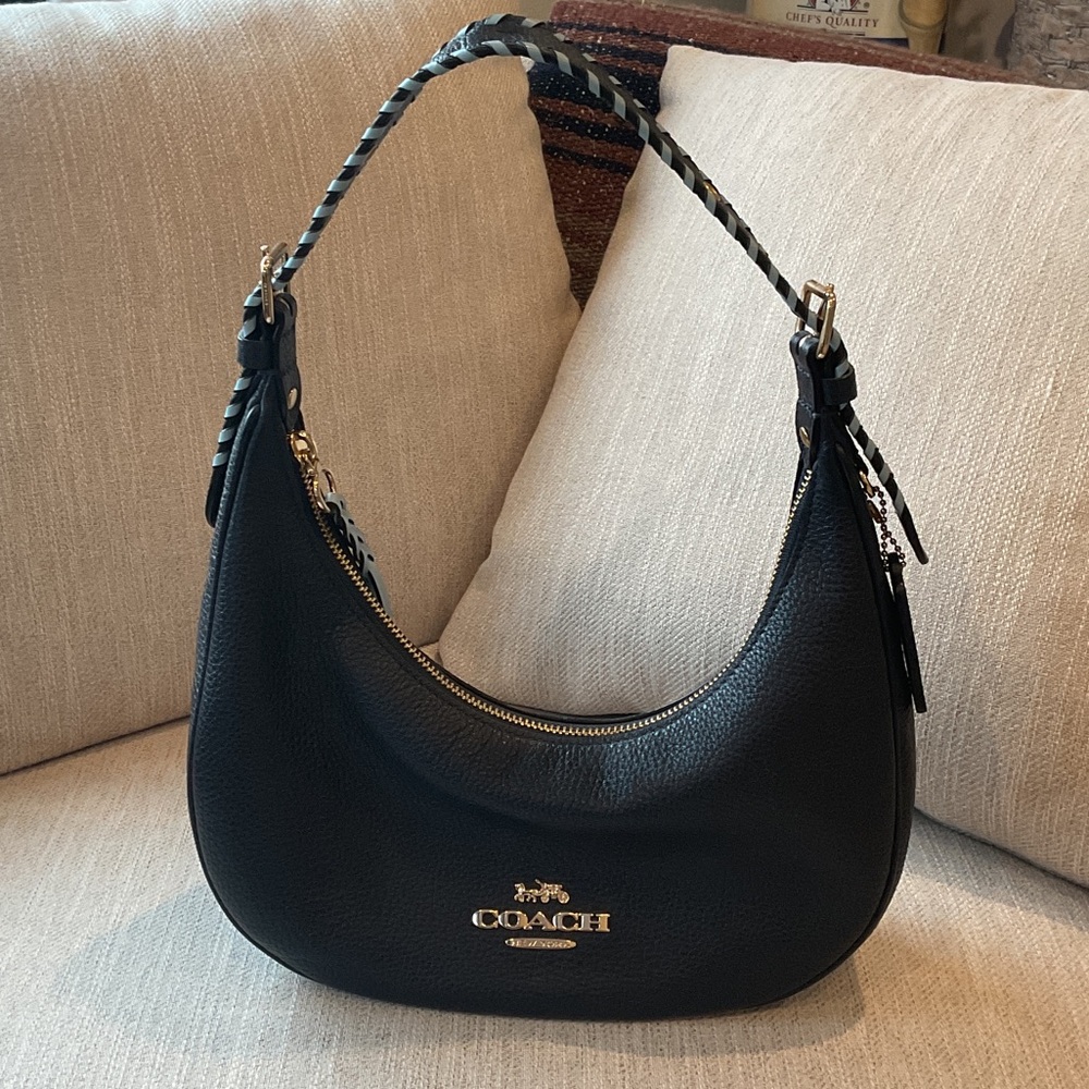 Coach Navy Blue Hobo Bag with Gold Accents
